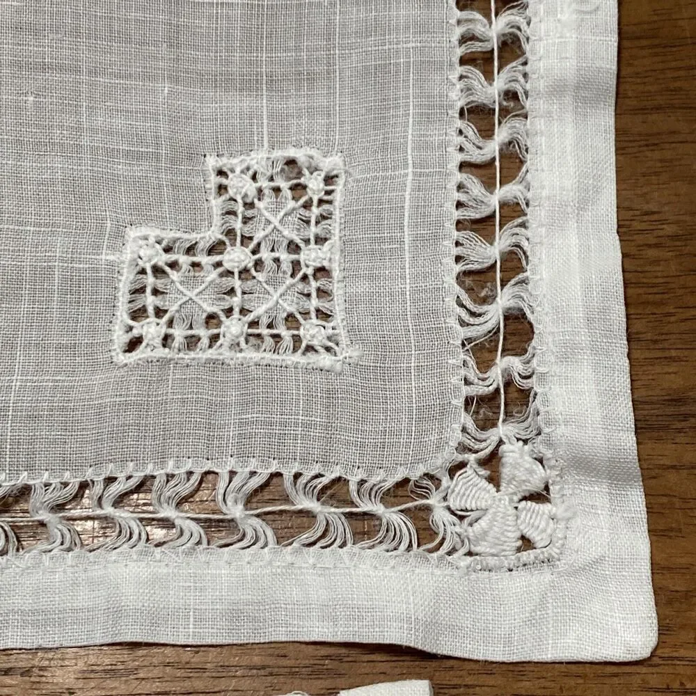 Vintage Set of 4 Sheer White Fine Linen Cocktail Napkins Cutwork Detail Handwork